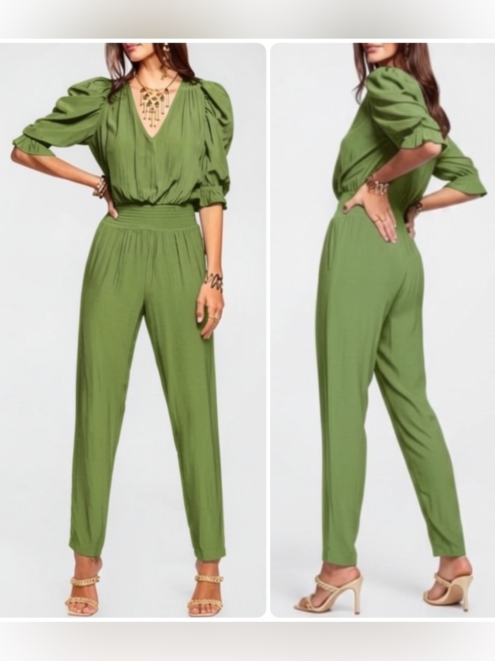 Ramy Brook Kylie Smocked Waist Olive Green Puff-Sleeve V-Neck Jumpsuit NWT $425